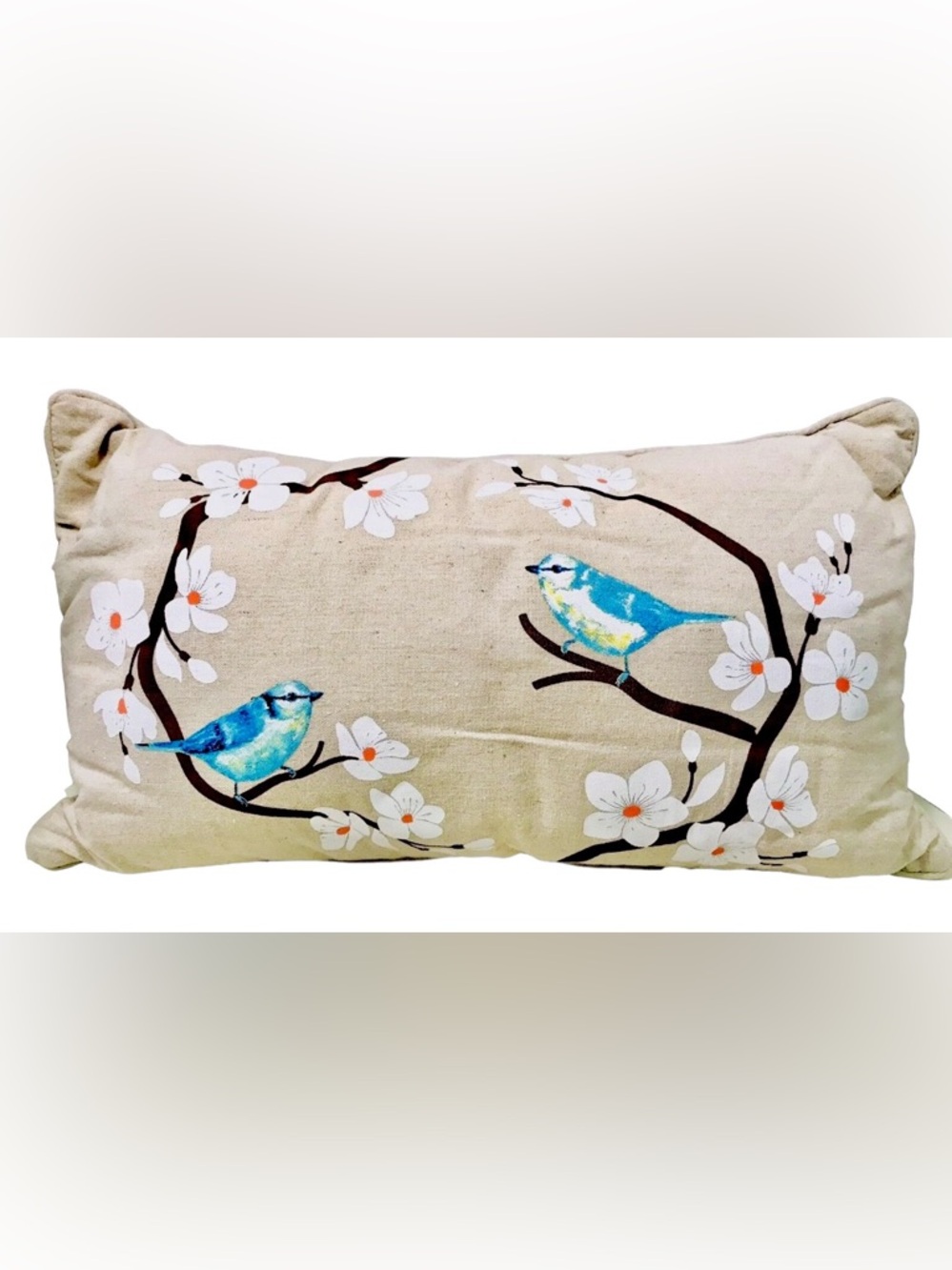 Levtex Linen Bluebirds On Dogwood Branch Tan Oblong Sofa Pillow 24” X 14” New